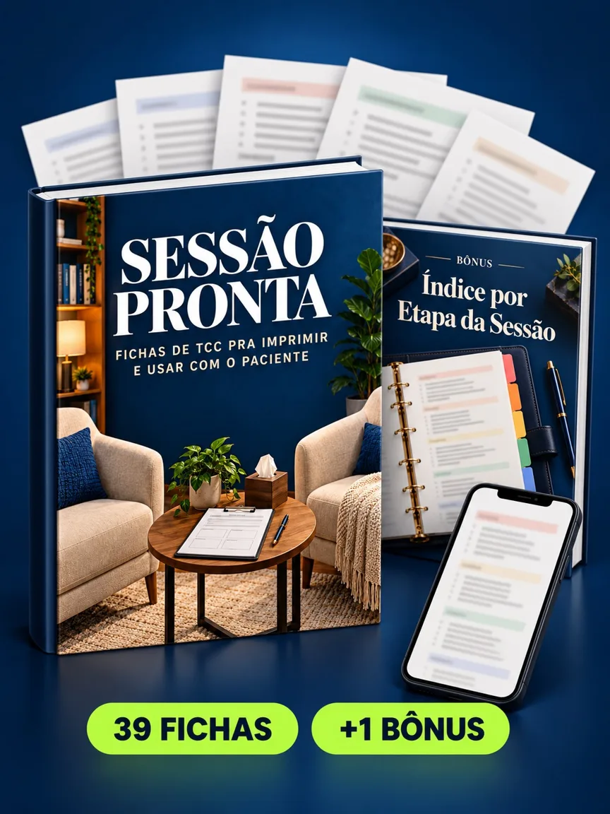 Montagem ilustrativa do Sessão Pronta: livro com a capa, páginas do material e celular e capas dos bônus